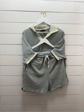 ASOS Cream & Navy Striped Collared Lounge Set